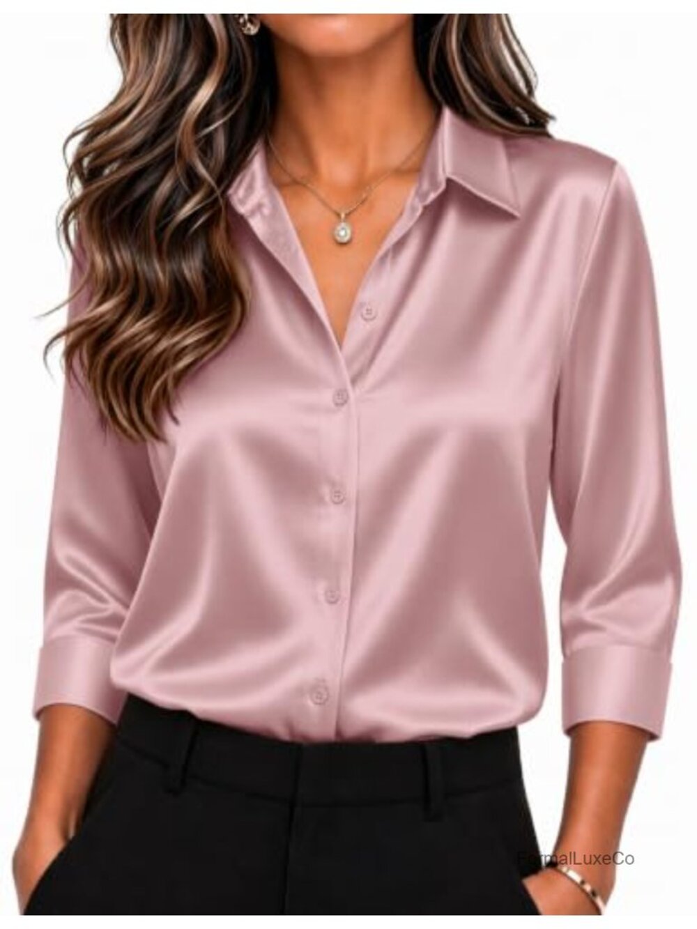Satin Button Down Blouse 3/4 Sleeve Collared Dressy Work Top